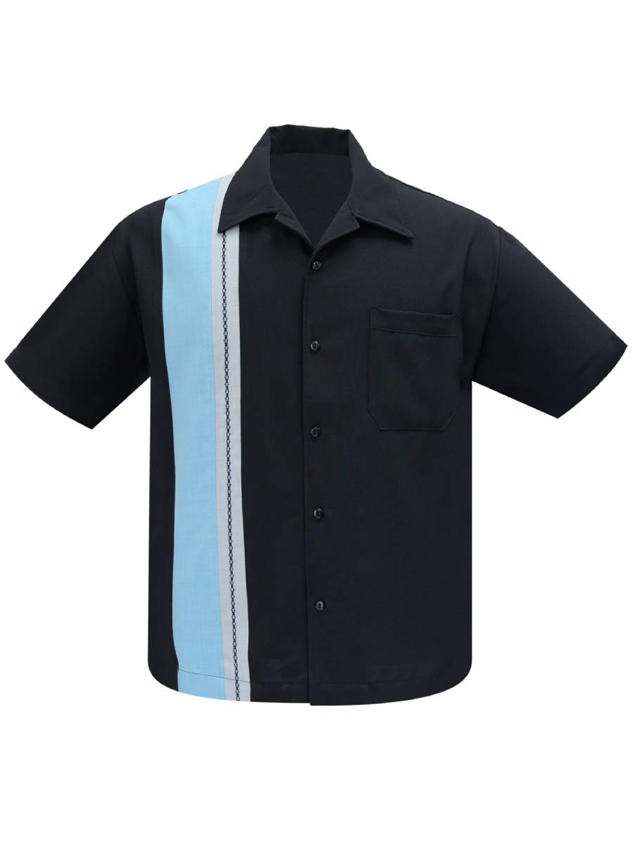 Steady Clothing Mens Bowling Shirt The Charles Black Aqua Silver