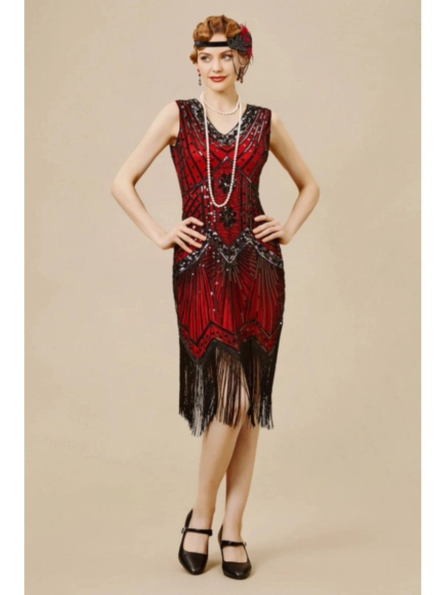 Flapper Type 1920s Style Sleeveless Flapper Dress Dark Red Black