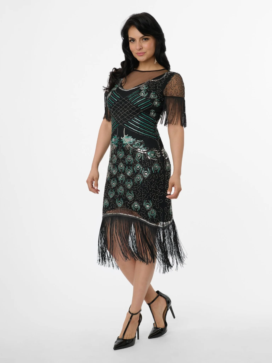 Unique Vintage 20er Jahre Kleid Nadine Flapper Dress Black Teal Peacock
