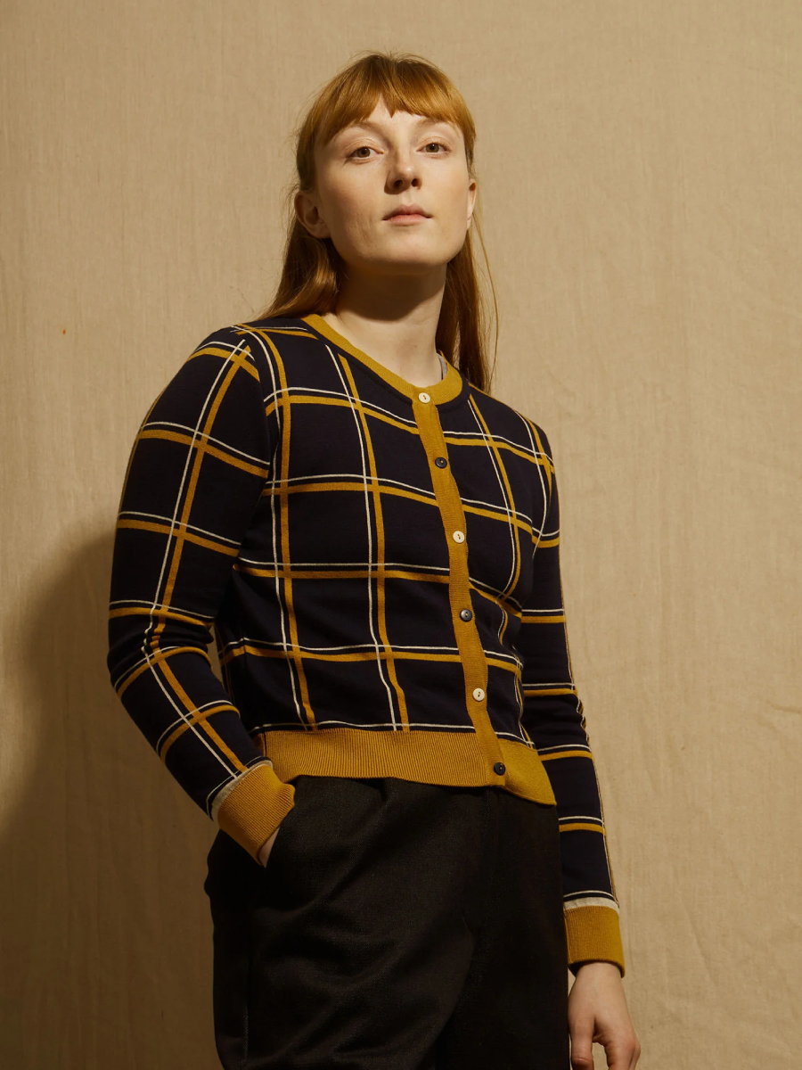 Palava Vera Cardigan Navy Mustard Check