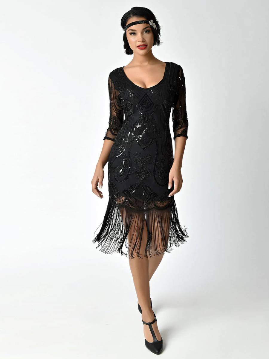 Unique Vintage 20er Jahre Kleid Margaux Sleeved Flapper Dress schwarz