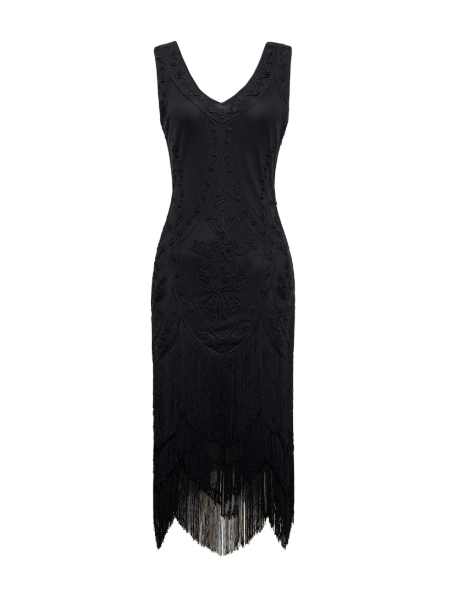 Babeyond 1920s Embroidery Retro Midi Flapper Dress Black