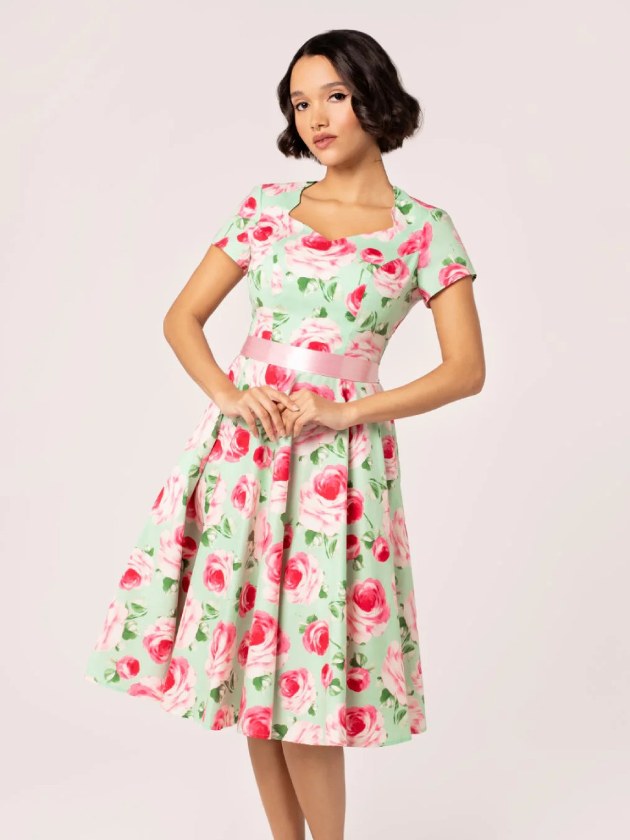 Hell Bunny Camille 50s Dress Mint Pink Roses Hell Bunny Camille 50s Dress Mint Pink Roses