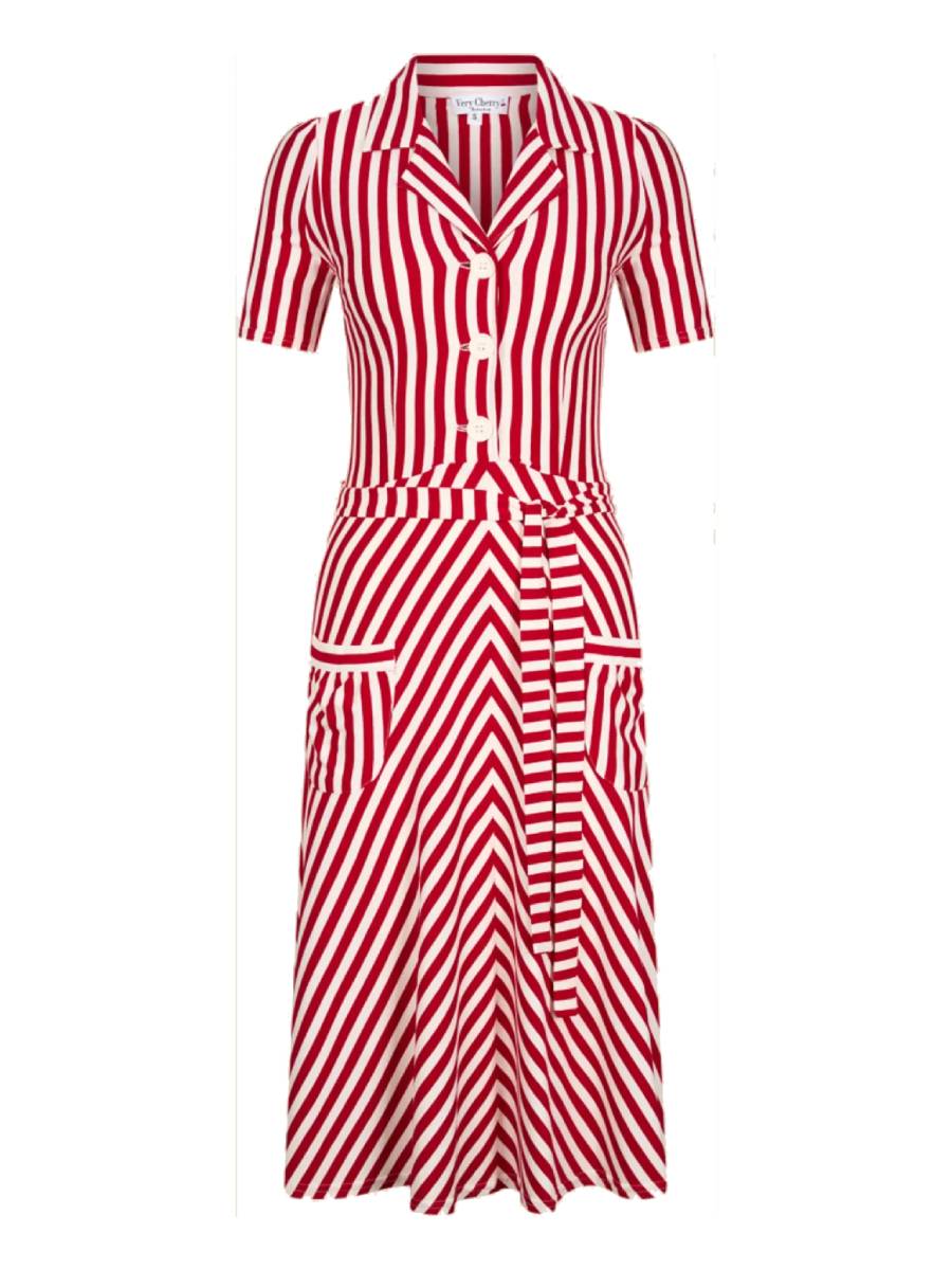 Very Cherry Kleid Revers Dress Tricot Stripes rot weiß