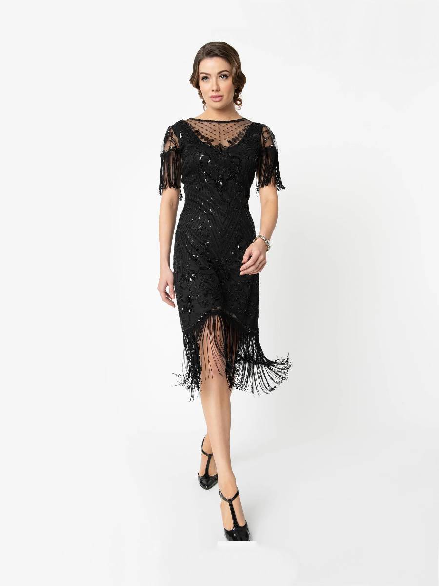 Unique Vintage 20er Jahre Kleid Nadine Flapper Dress schwarz