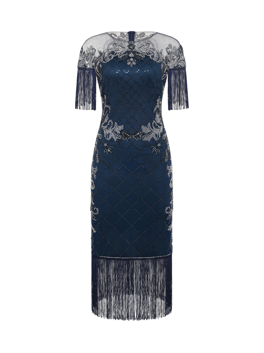 Babeyond 20er Jahre Kleid Beaded Fringe Dress Midnight Blue dunkelblau silber