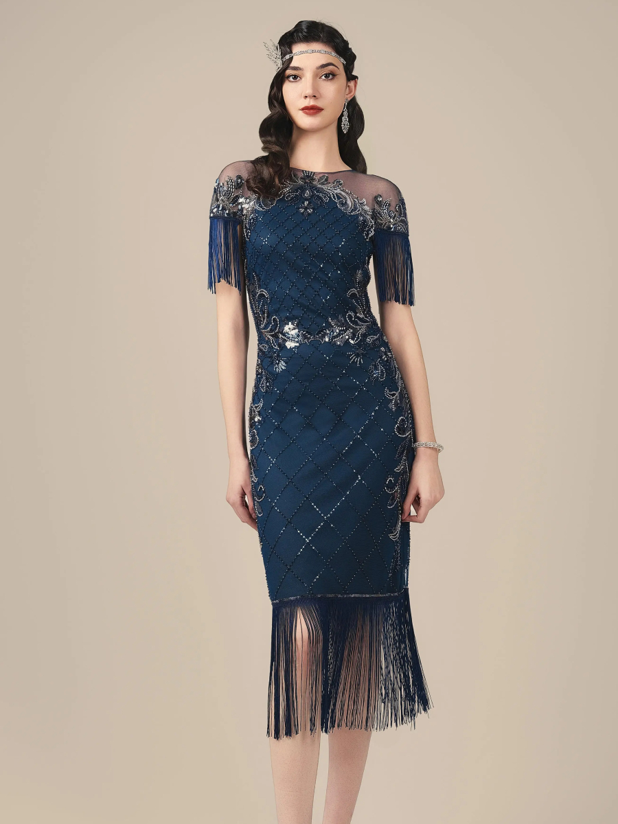 Babeyond 20er Jahre Kleid Beaded Fringe Dress Midnight Blue dunkelblau silber