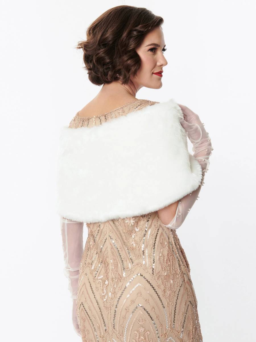 Unique Vintage Faux Fur Ribbon Shawl White
