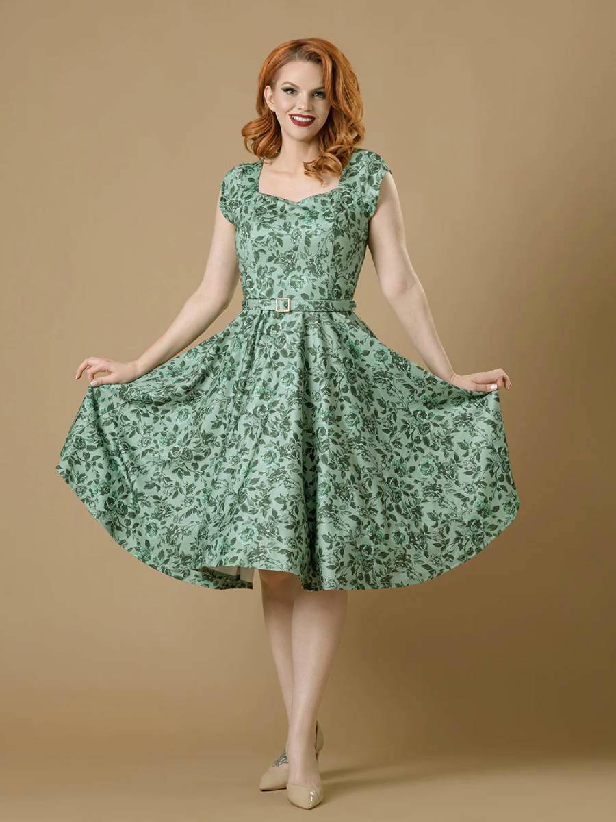 Rockin Bettie Cosmopolitan Swing Dress Vintage Green Floral