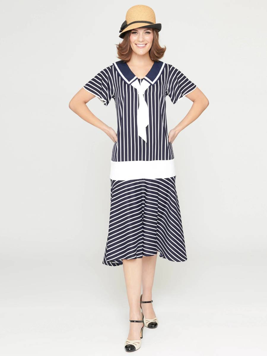 Unique Vintage 1920s Navy and White Striped Flapper Dress