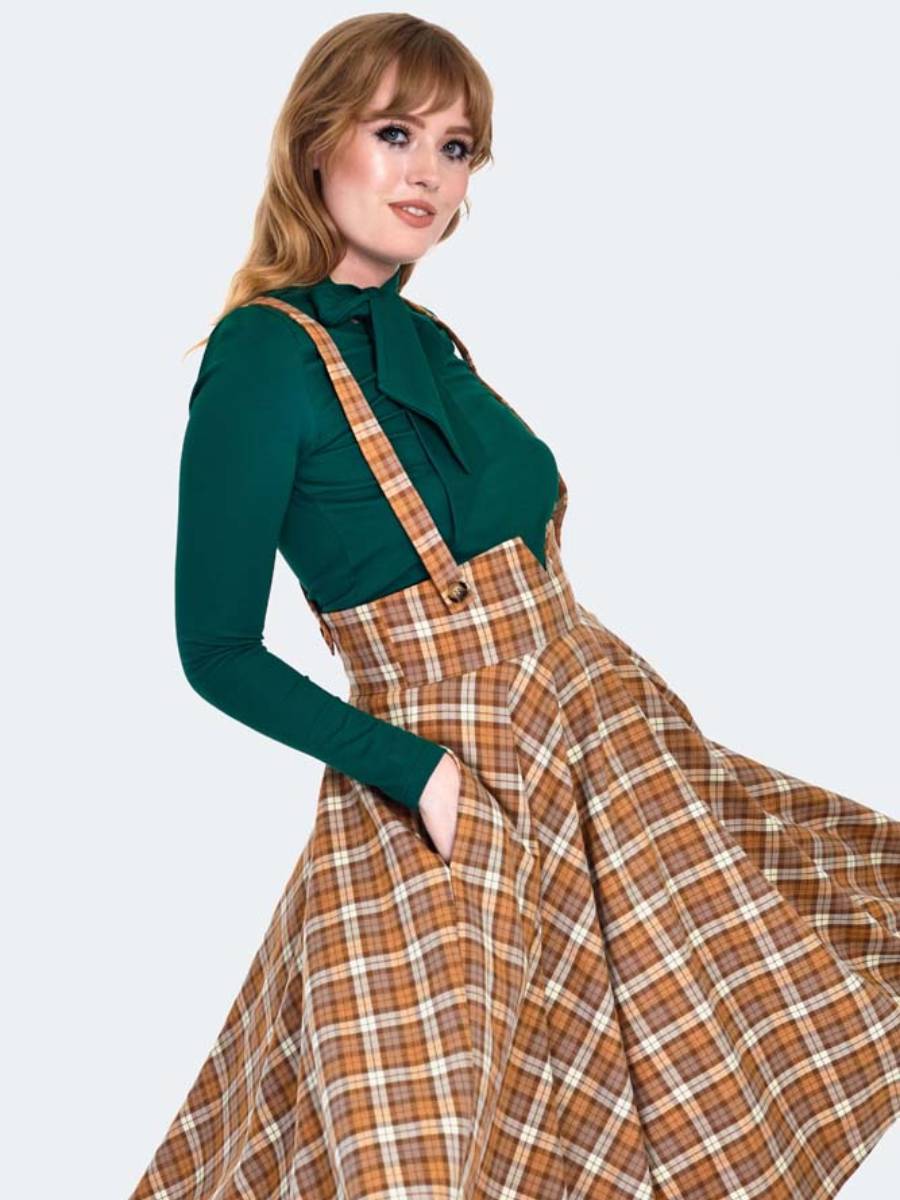 Voodoo Vixen Trägerrock Plaid Overall Flare Skirt braun