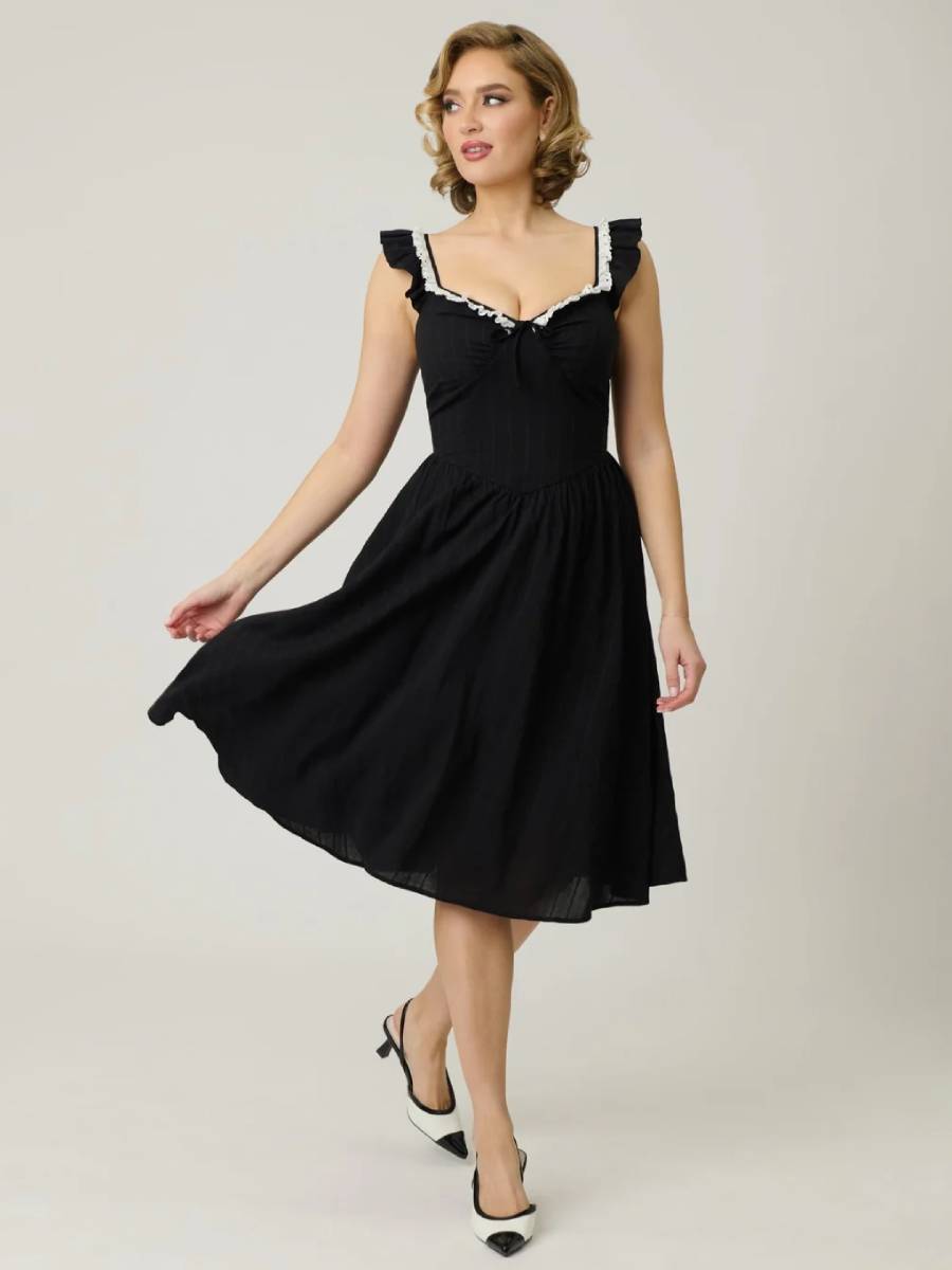 Unique Vintage Kleid Sweetheart Flutter Sleeve Swing Dress schwarz