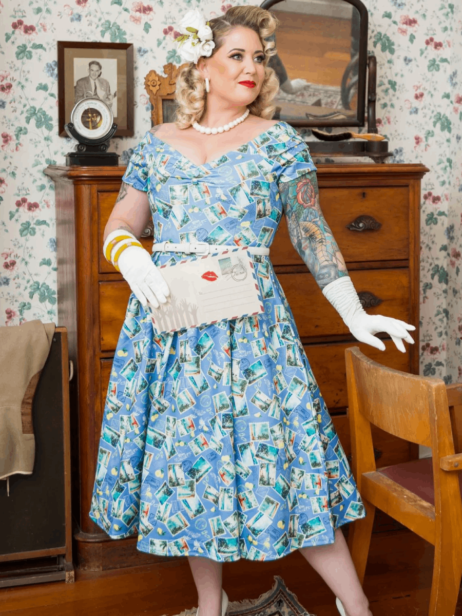 Dolly & Dotty Lily Light Blue Stamp Print Dress