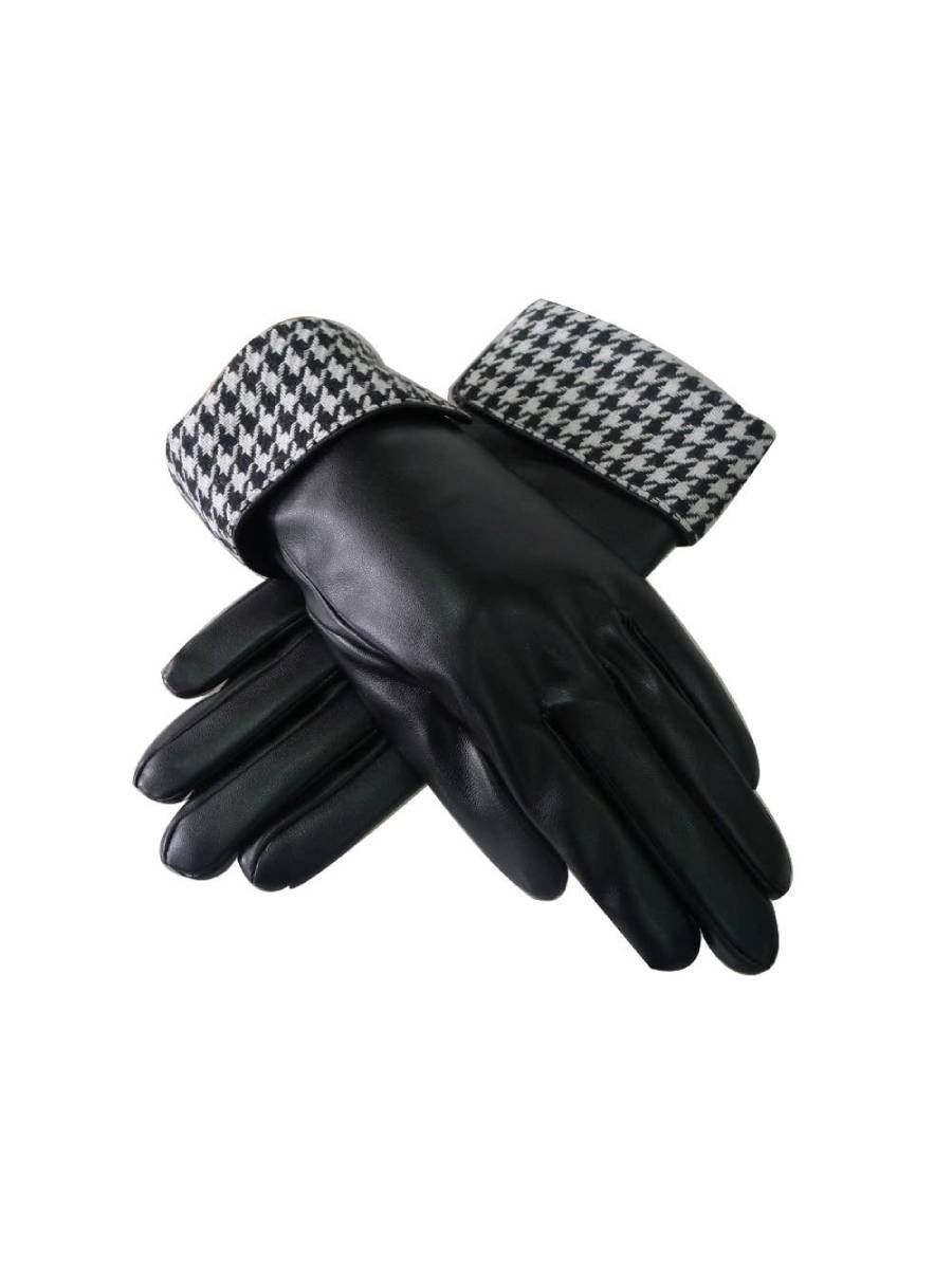 Handschuhe Kunstleder schwarz mit Pepita-Besatz Handschuhe Kunstleder schwarz mit Pepita-Besatz