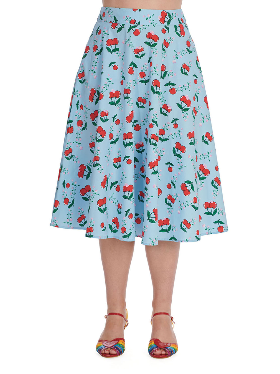 Banned Cherry Cartoon Skirt Hellblauer Swingrock im 50er Jahre Stil mit Kirschen