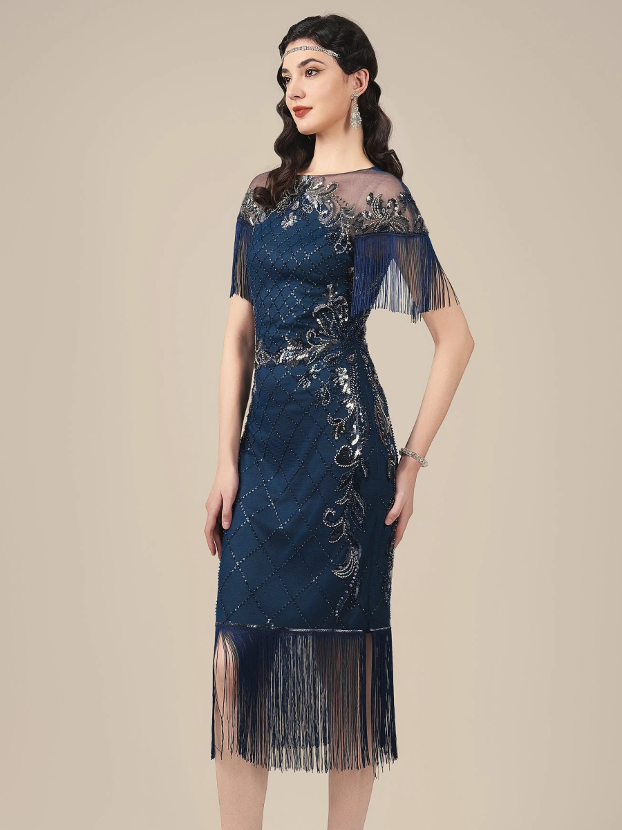 Babeyond 20er Jahre Kleid Beaded Fringe Dress Midnight Blue dunkelblau silber