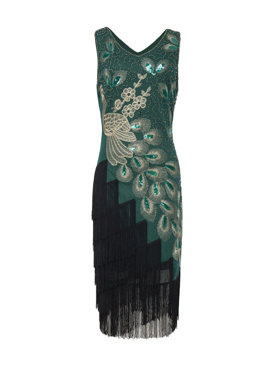 Babeyond 20er Jahre Kleid Tassel Hem Peacock Dress grün