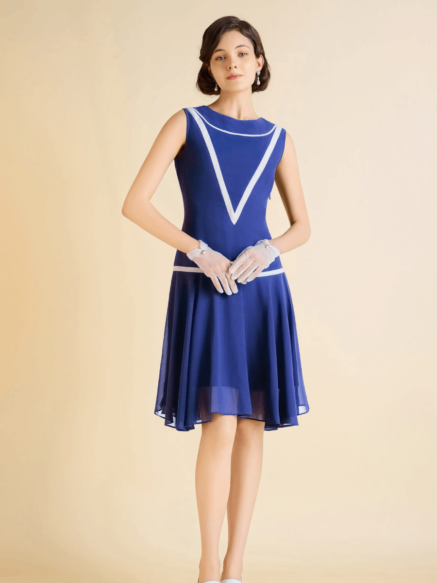 1920s Classic Sleeveless Casual Dress Sapphire Blue White