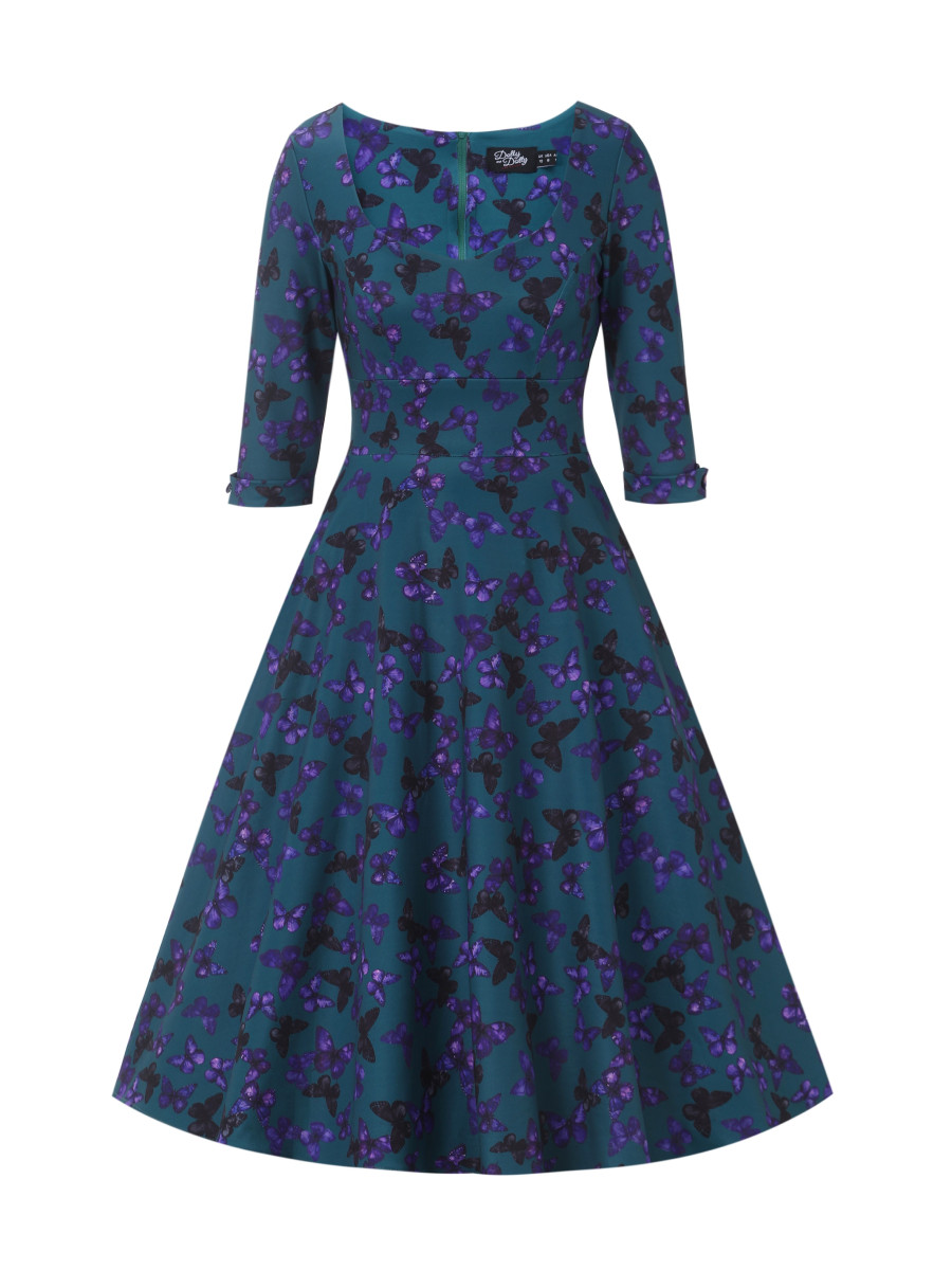 Dolly & Dotty Kleid Scarlette Teal & Purple Butterfly petrol