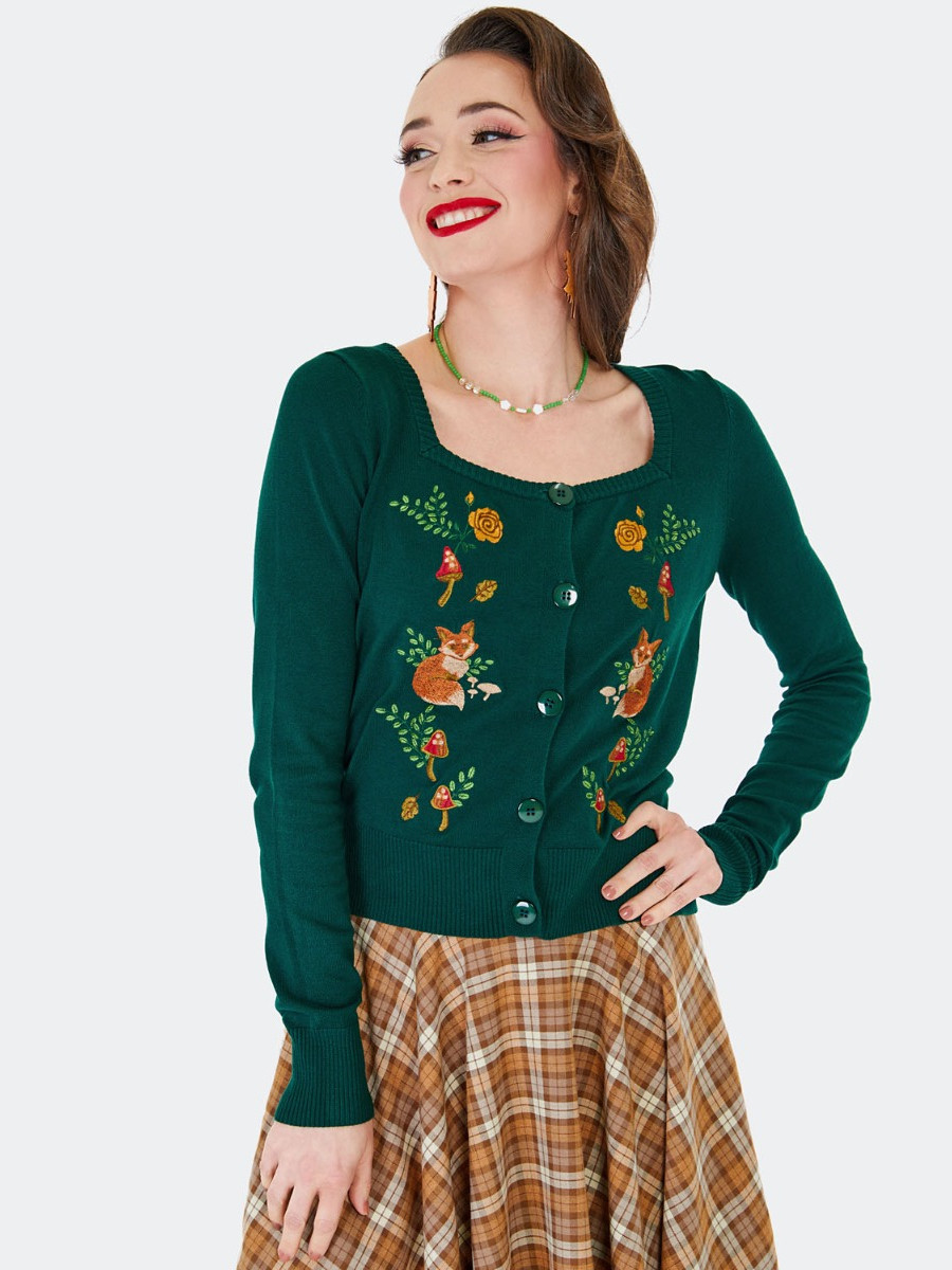 Voodoo Vixen Fox and Mushroom Cardigan dunkelgrün Voodoo Vixen Fox and Mushroom Cardigan dunkelgrün