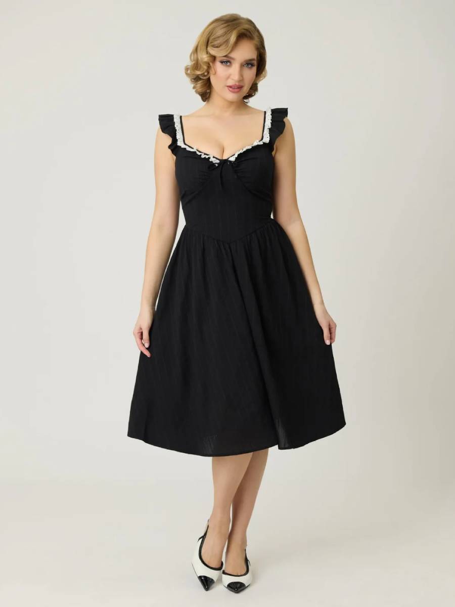 Unique Vintage Kleid Sweetheart Flutter Sleeve Swing Dress schwarz