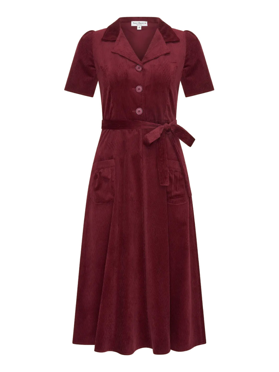 Very Cherry Revers Dress Corduroy Granate Red Very Cherry Revers Dress Corduroy Granate Red