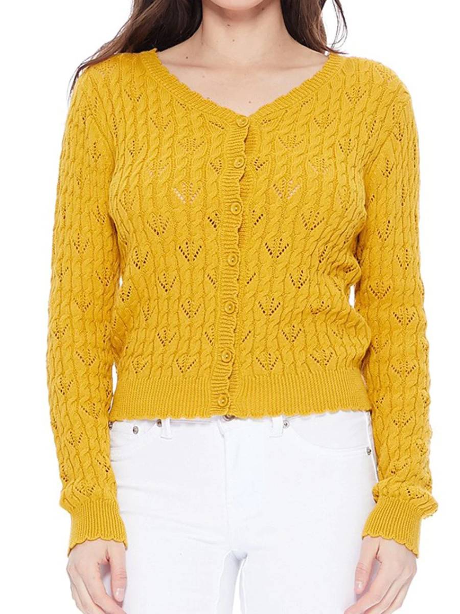 Mak Sweater Lace Pattern Cardigan Mustard