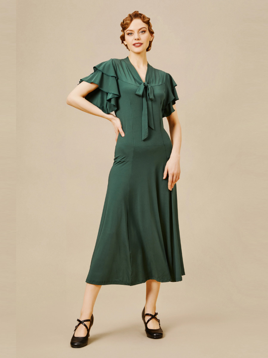 Babeyond 30er Jahre Kleid dunkelgrün mit Volants