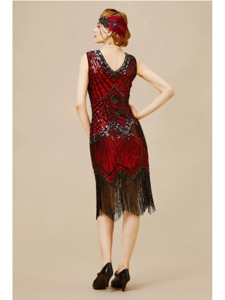 1920s Style Sleeveless Flapper Dress Dark Red Black